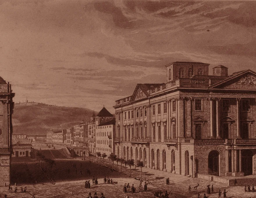 La Lonja de Mar y la plaza del Palau en Barcelona — litografía de Roca Sallent, 1842