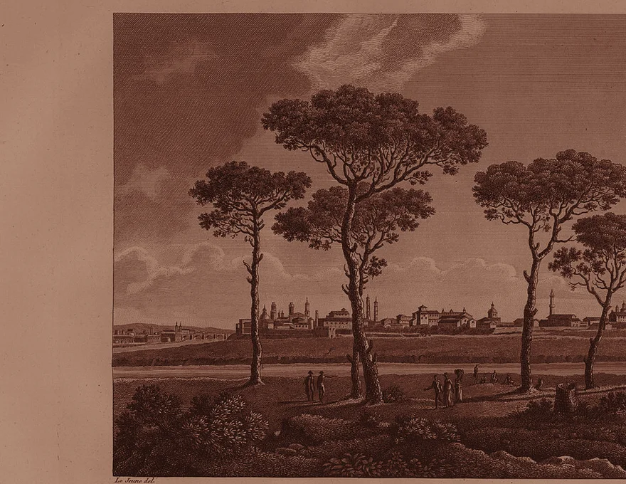Vista general de Zaragoza entre los pinos — grabado del Voyage pittoresque de Laborde, 1820
