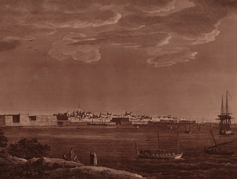 Vista general de Cádiz desde la bahía, murallas y velas — grabado del Voyage pittoresque de Laborde, 1812