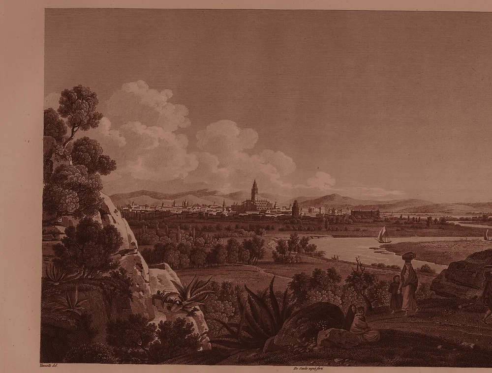 Vista de Sevilla y el Guadalquivir desde San Juan de Aznalfarache — grabado del Voyage pittoresque de Laborde, 1812