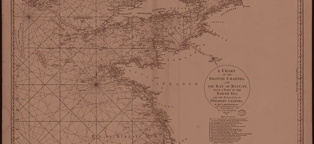 Carta náutica del Canal y del golfo de Vizcaya, 1780 — sondas, bancos y fondeaderos, trazados para fiarse de ellos